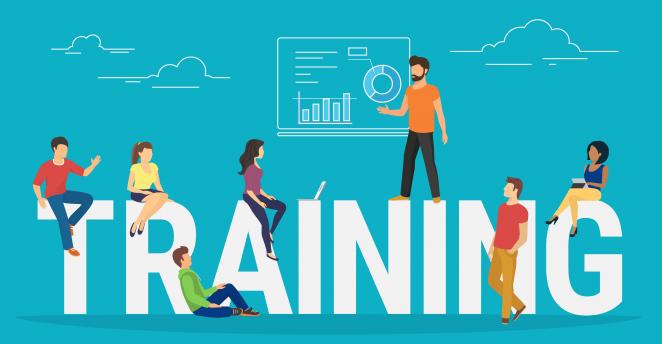 Images of FOS workers on a blue background. Text reads TRAINING
